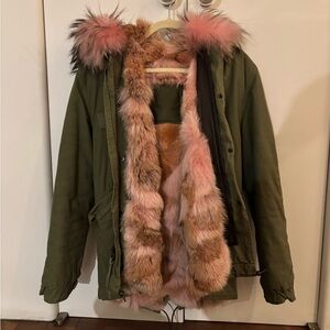 Mr and Mrs Italy coat khaki green coat lined with pink fox fur size XS 2-4